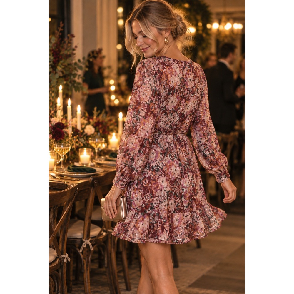 LC Lauren Conrad Womens Floral Sequin V-Neck Mini Dress Pink Burgundy Size M